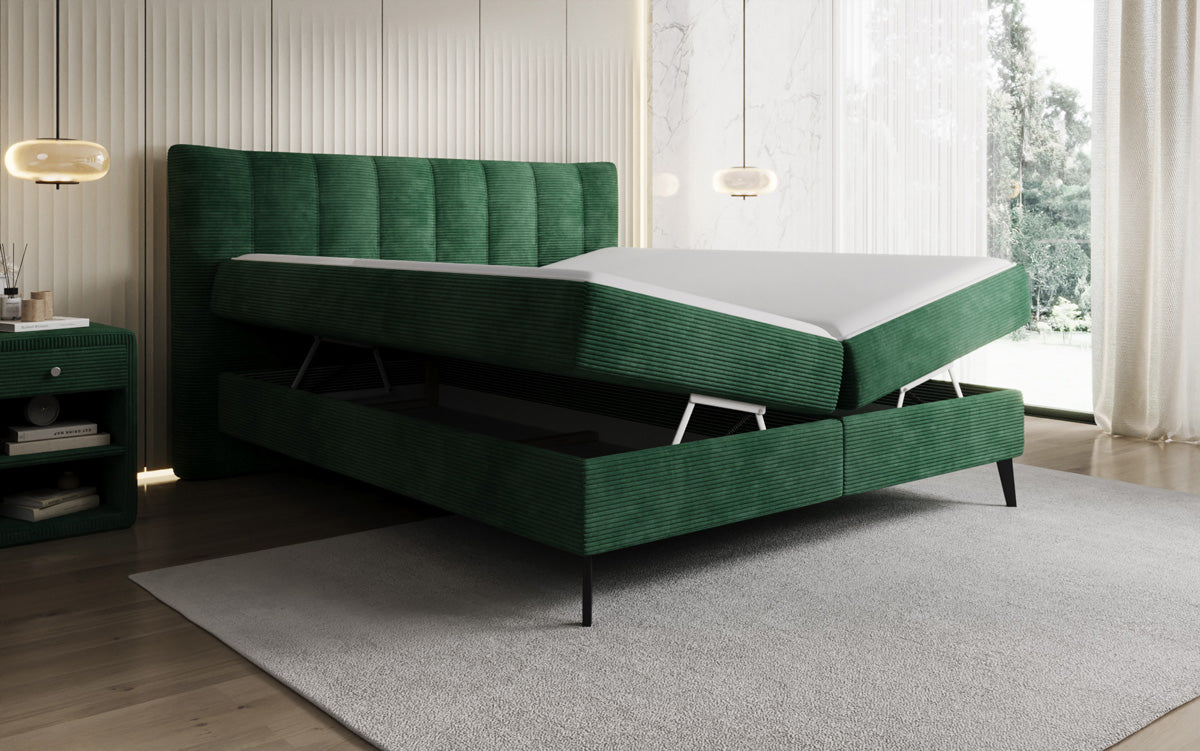 Lit boxspring Ines en Côtelé avec rangement