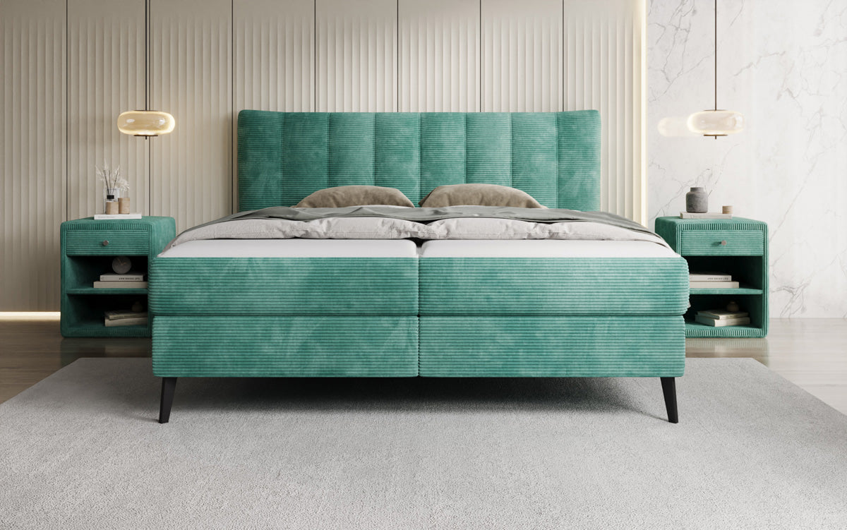 Lit boxspring Ines en Côtelé avec rangement