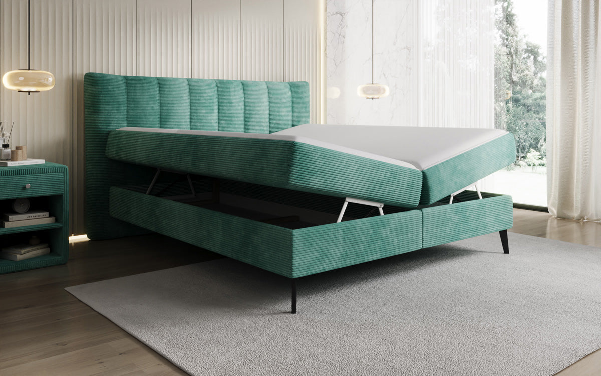 Lit boxspring Ines en Côtelé avec rangement