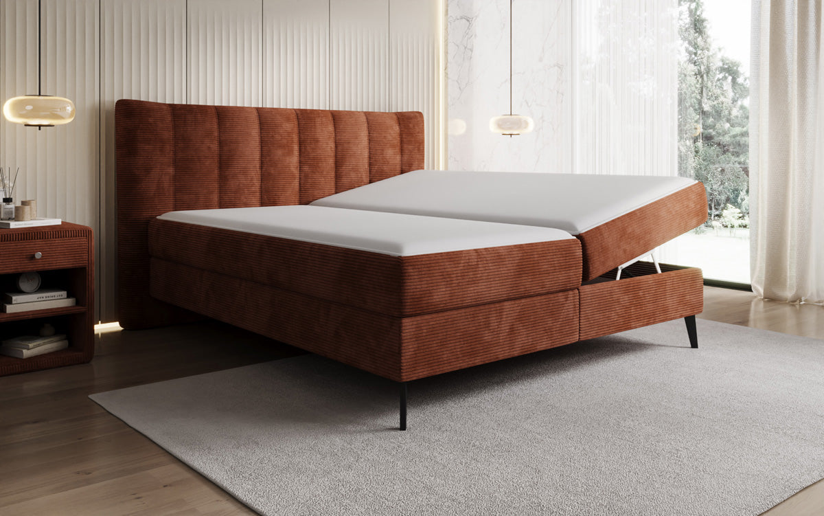 Lit boxspring Ines en Côtelé avec rangement