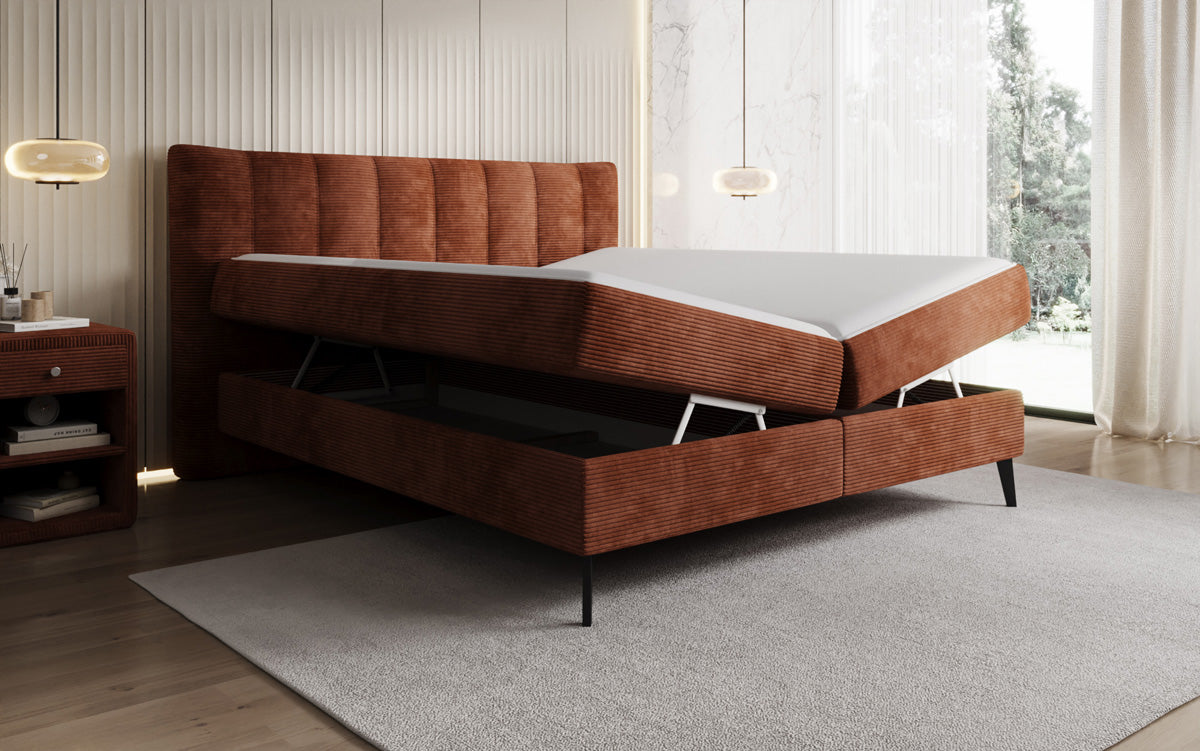 Lit boxspring Ines en Côtelé avec rangement