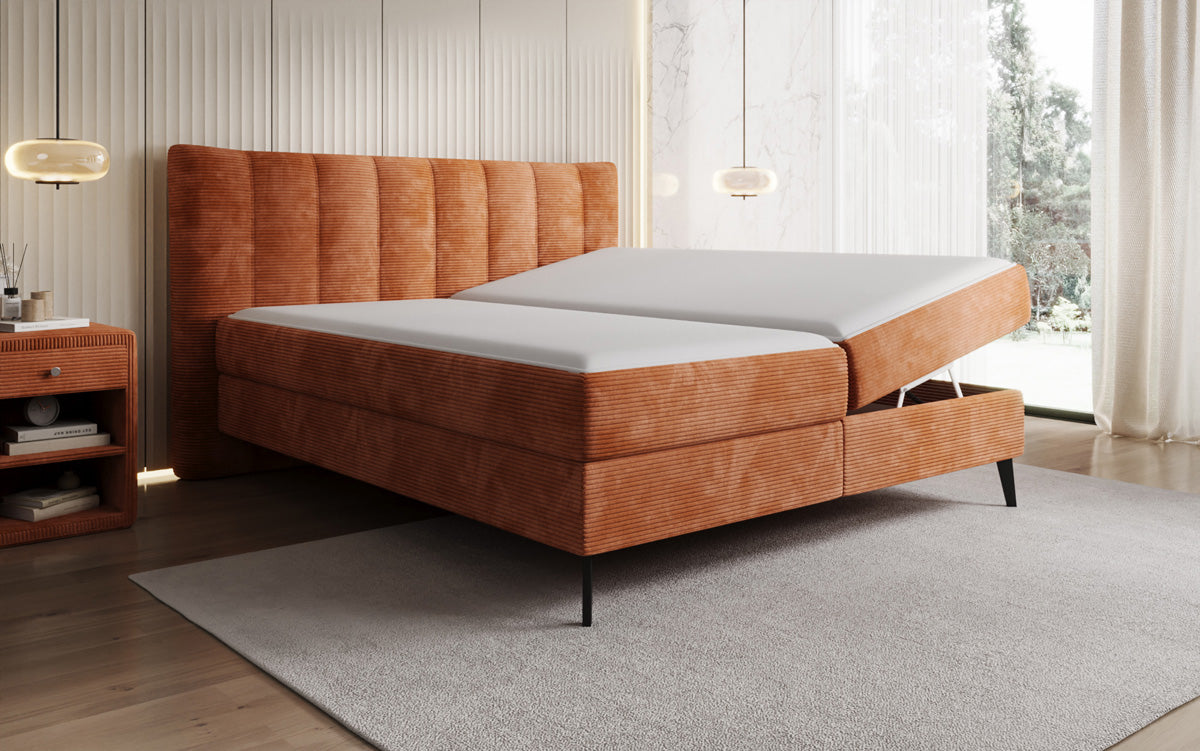 Lit boxspring Ines en Côtelé avec rangement