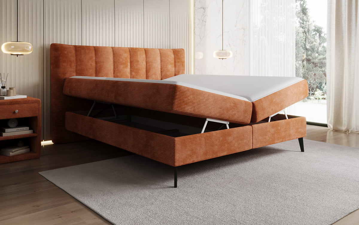 Lit boxspring Ines en Côtelé avec rangement