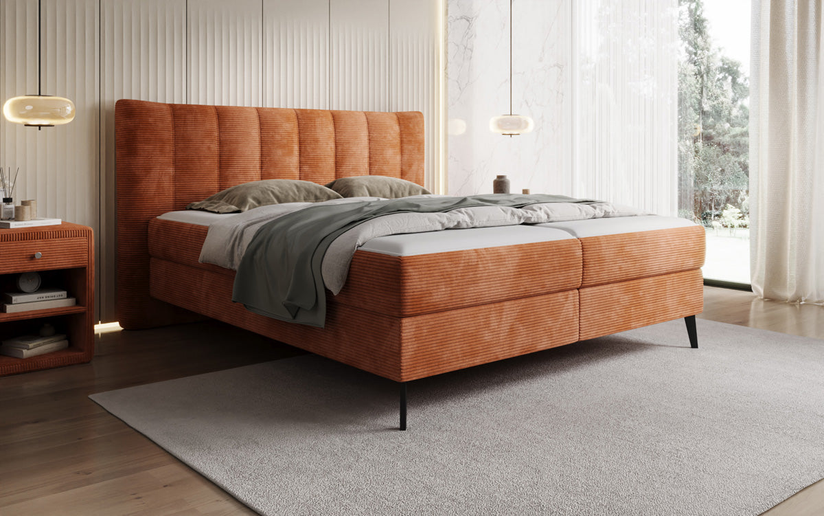 Lit boxspring Ines en Côtelé avec rangement