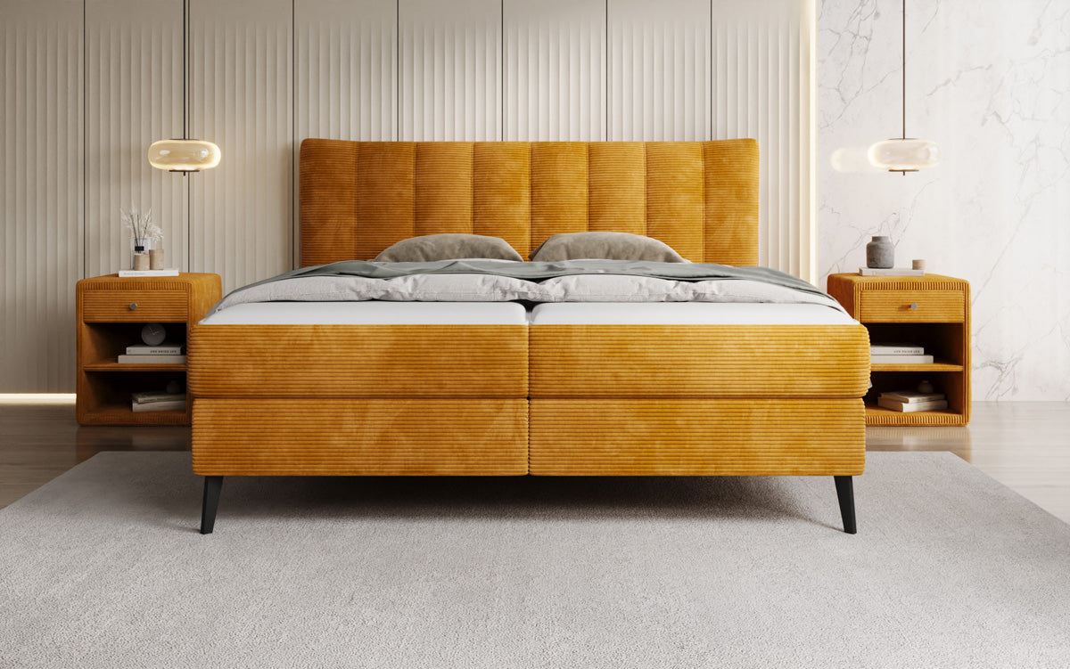 Lit boxspring Ines en Côtelé avec rangement
