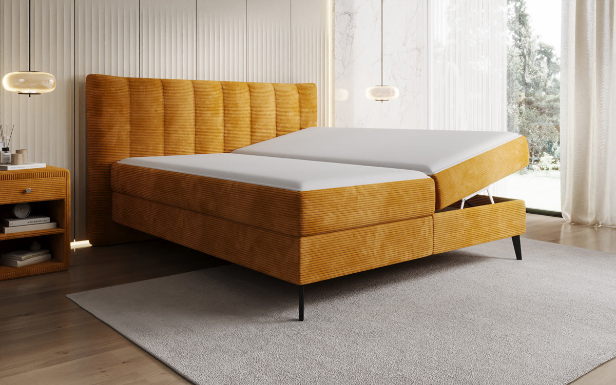 Lit boxspring Ines en Côtelé avec rangement