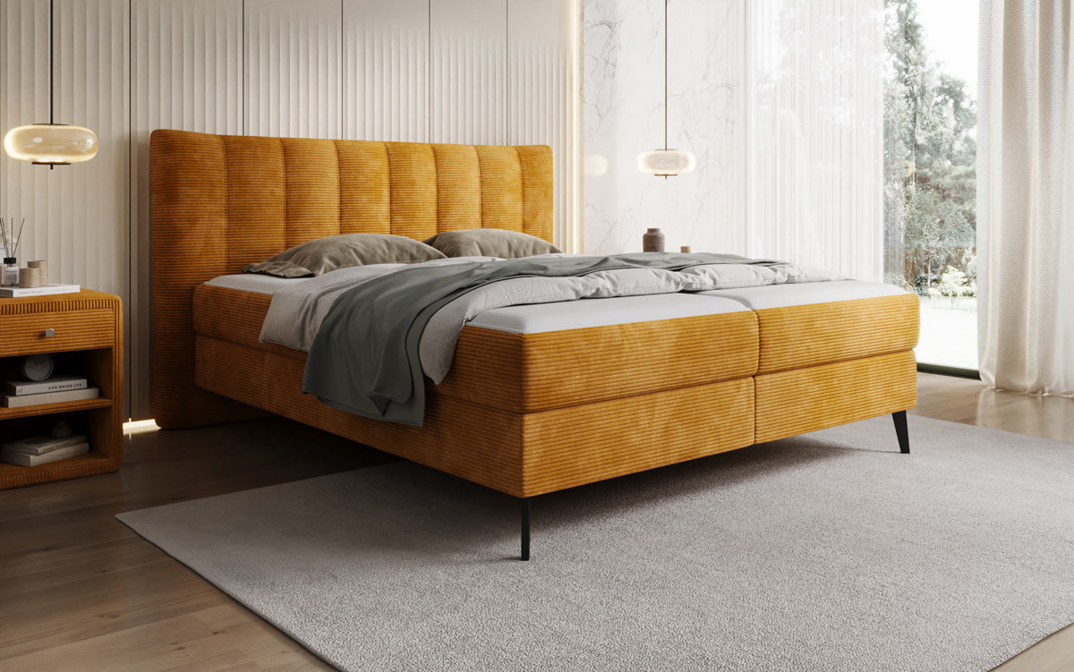 Lit boxspring Ines en Côtelé avec rangement