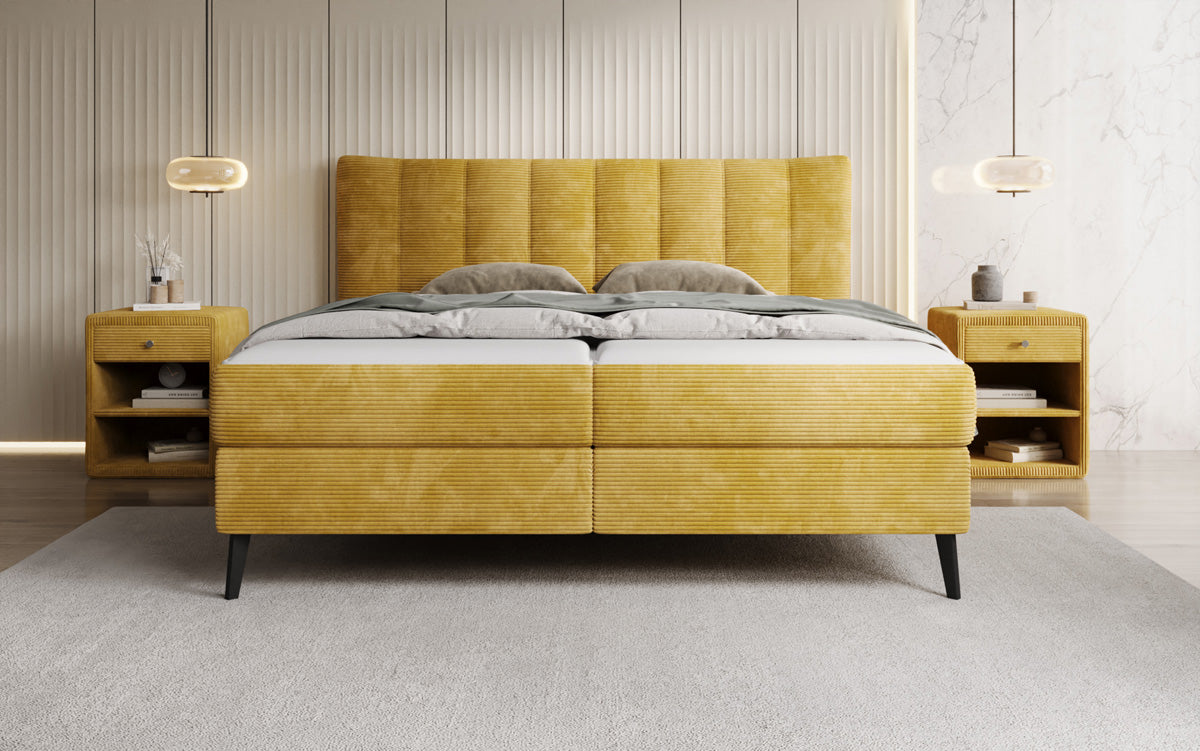 Lit boxspring Ines en Côtelé avec rangement