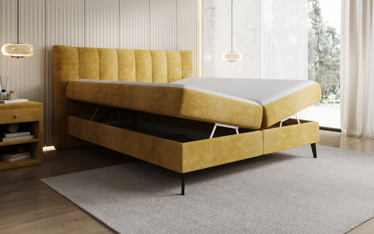 Lit boxspring Ines en Côtelé avec rangement