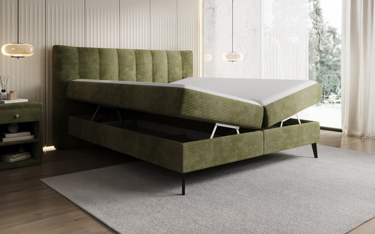 Lit boxspring Ines en Côtelé avec rangement