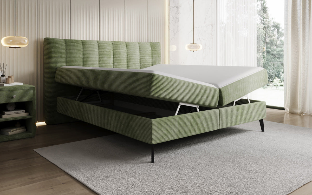 Lit boxspring Ines en Côtelé avec rangement