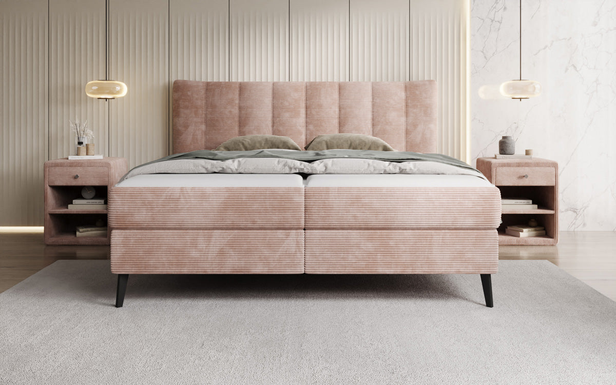 Lit boxspring Ines en Côtelé avec rangement