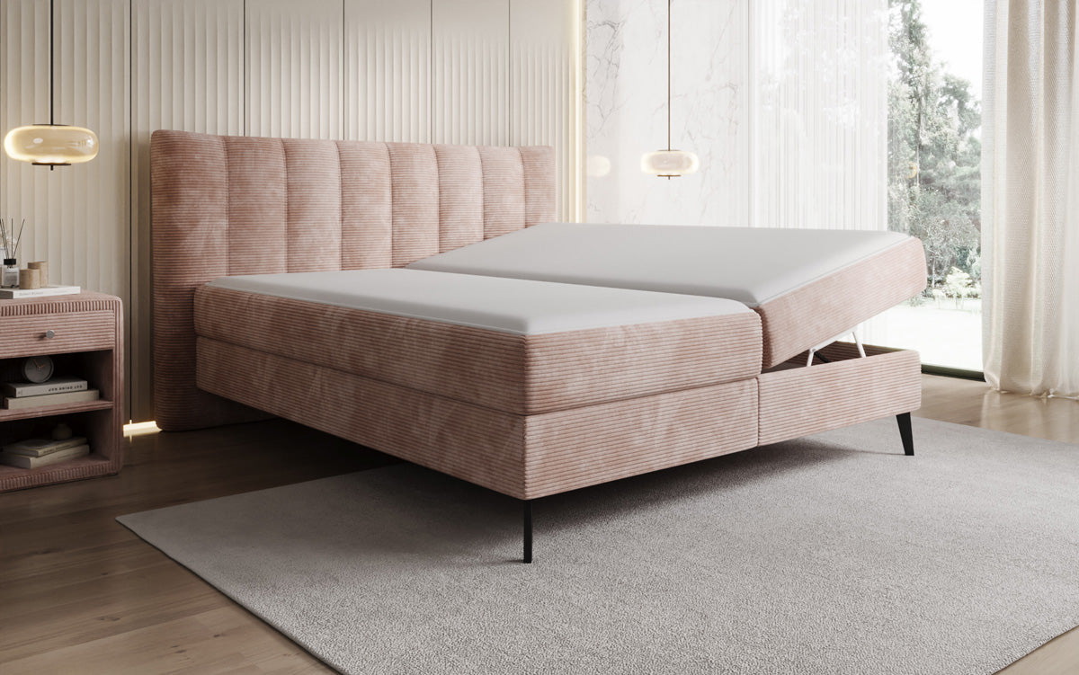 Lit boxspring Ines en Côtelé avec rangement