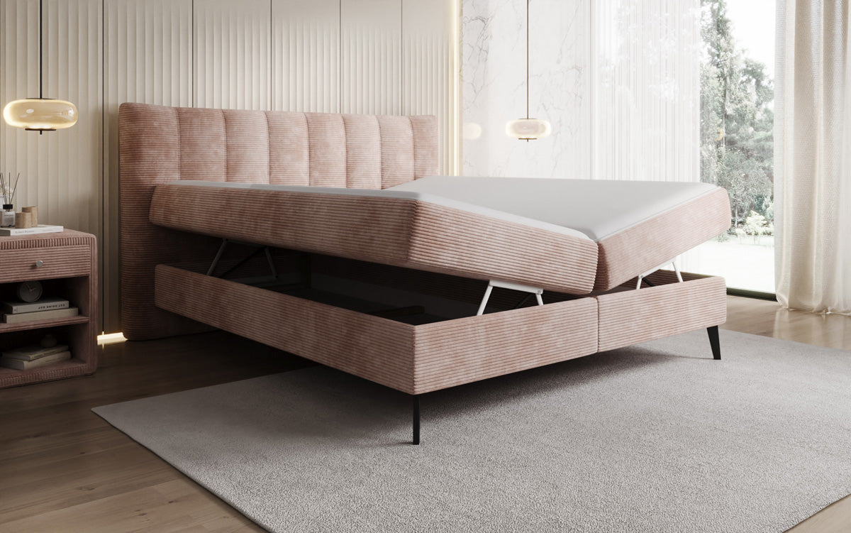 Lit boxspring Ines en Côtelé avec rangement