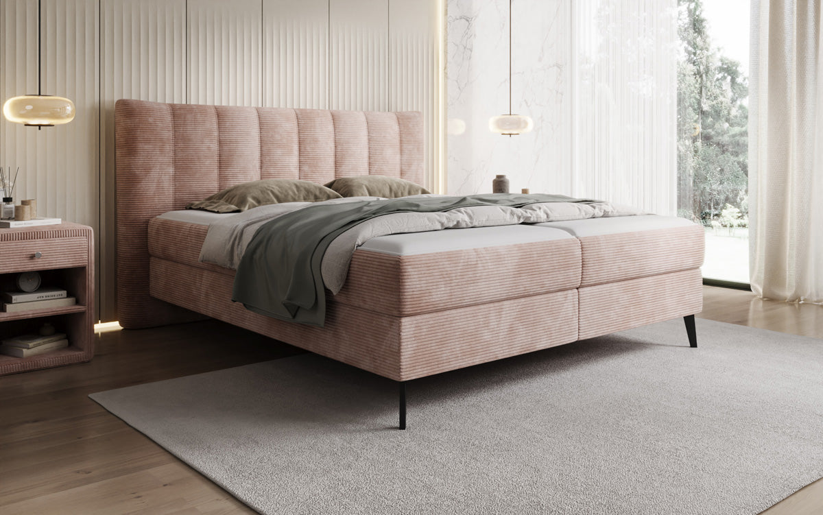 Lit boxspring Ines en Côtelé avec rangement