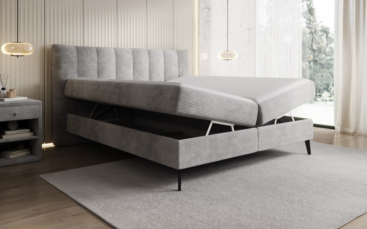 Lit boxspring Ines en Côtelé avec rangement