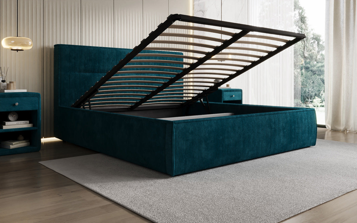 Lit rembourré design Merry en Côtelé avec espace de rangement