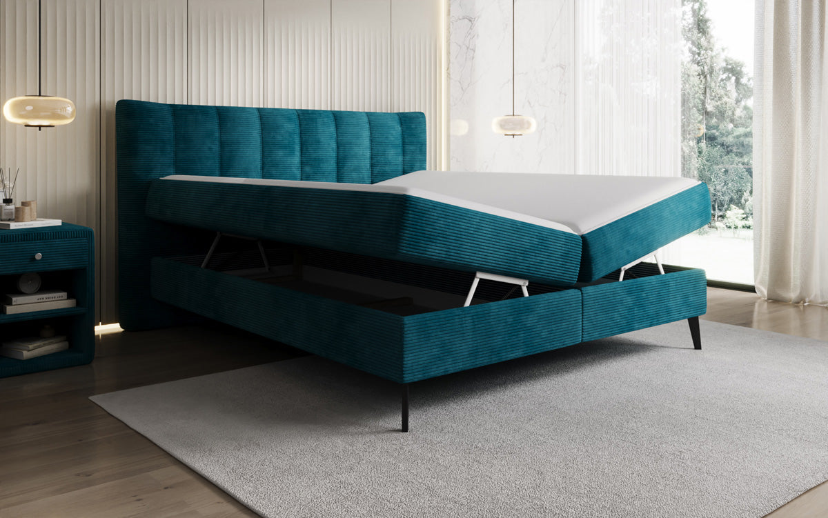 Lit boxspring Ines en Côtelé avec rangement