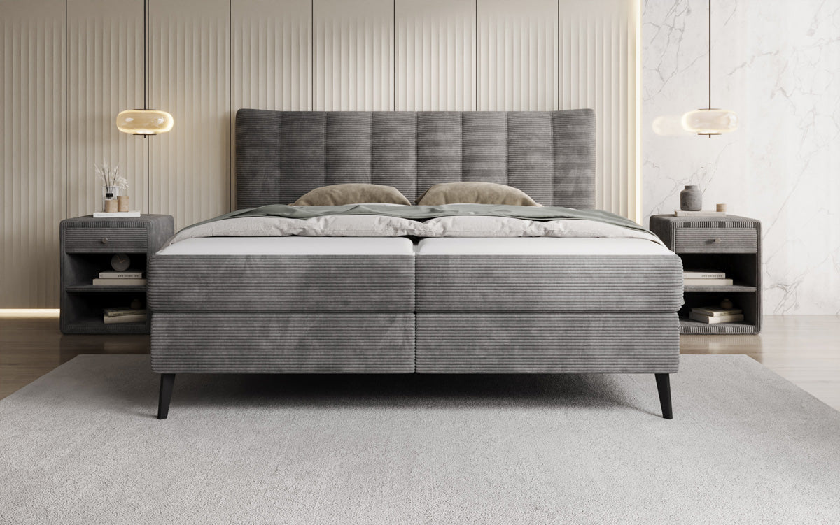 Lit boxspring Ines en Côtelé avec rangement