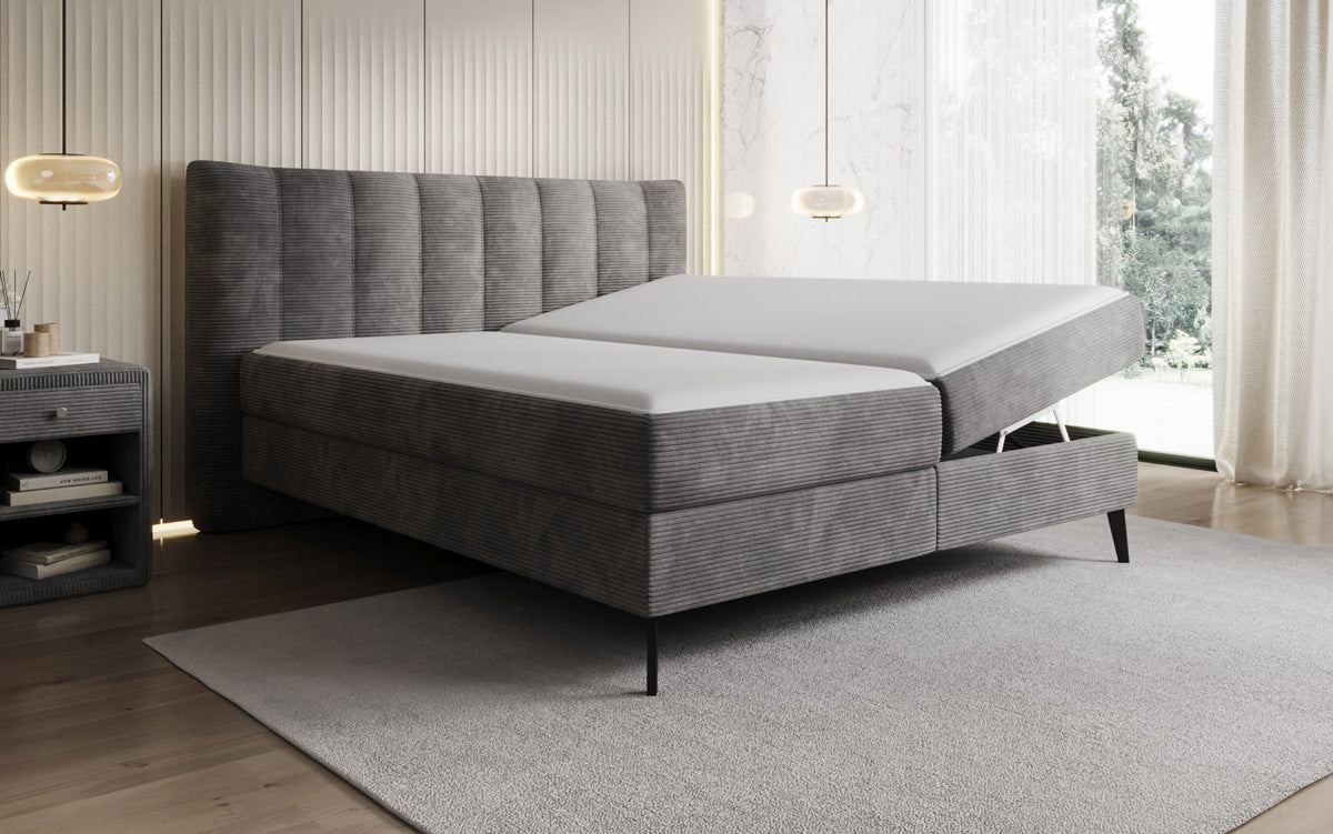 Lit boxspring Ines en Côtelé avec rangement