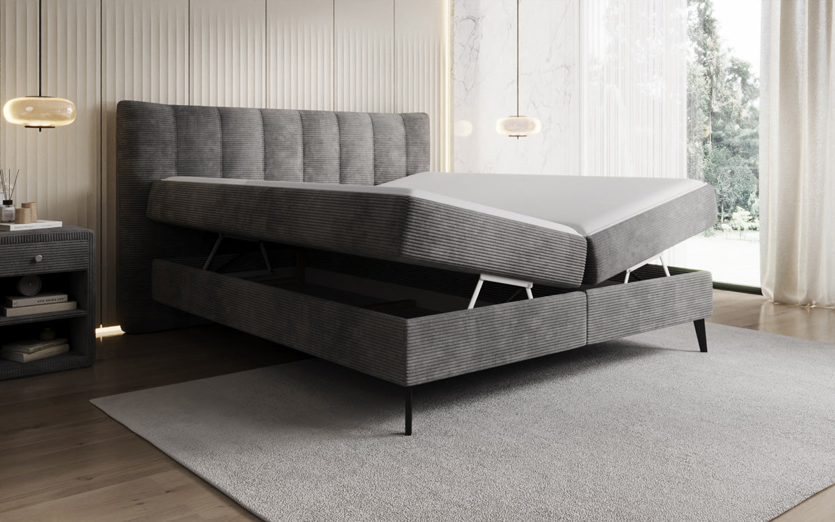 Lit boxspring Ines en Côtelé avec rangement