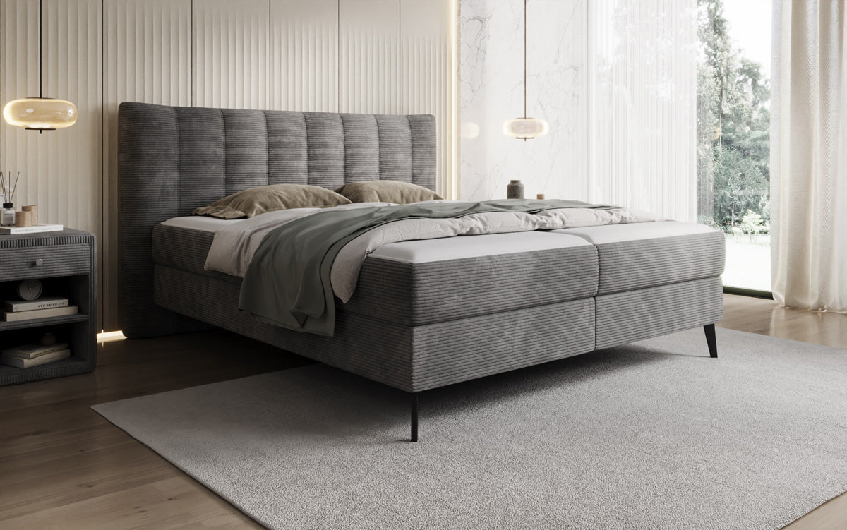 Lit boxspring Ines en Côtelé avec rangement