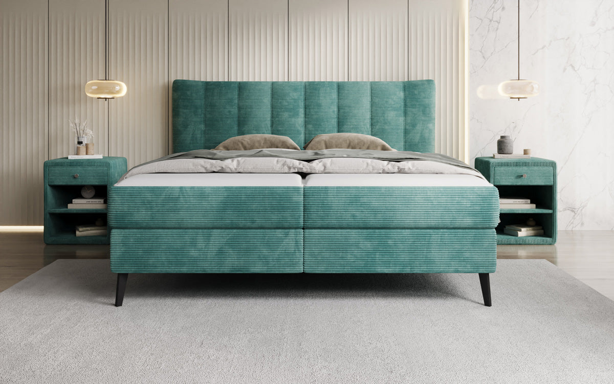 Lit boxspring Ines en Côtelé avec rangement