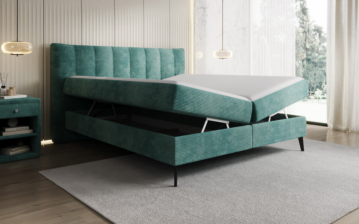 Lit boxspring Ines en Côtelé avec rangement