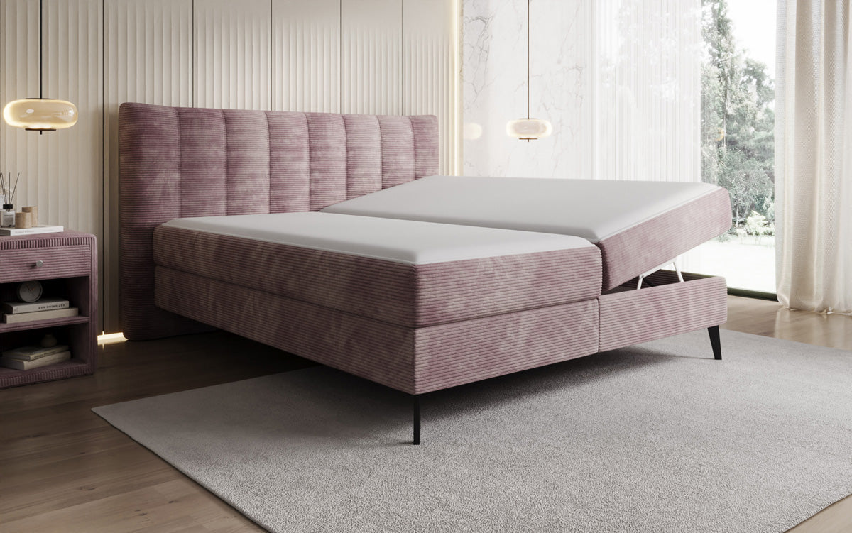 Lit boxspring Ines en Côtelé avec rangement