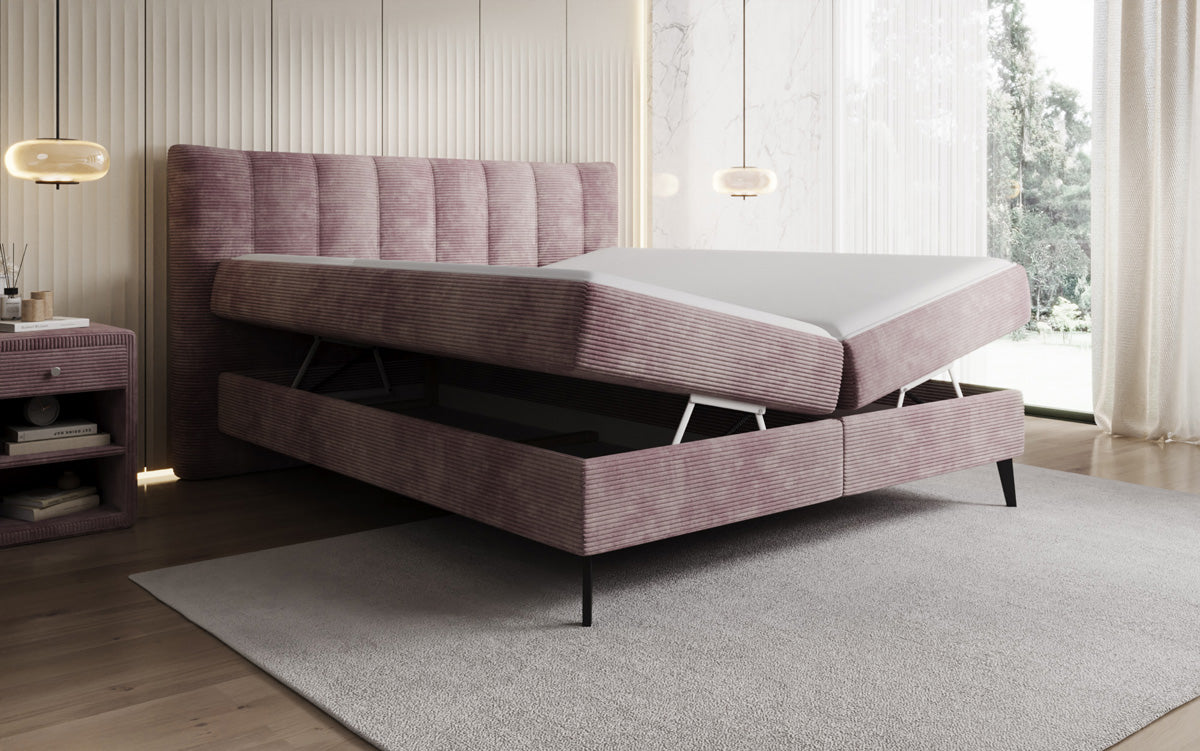 Lit boxspring Ines en Côtelé avec rangement