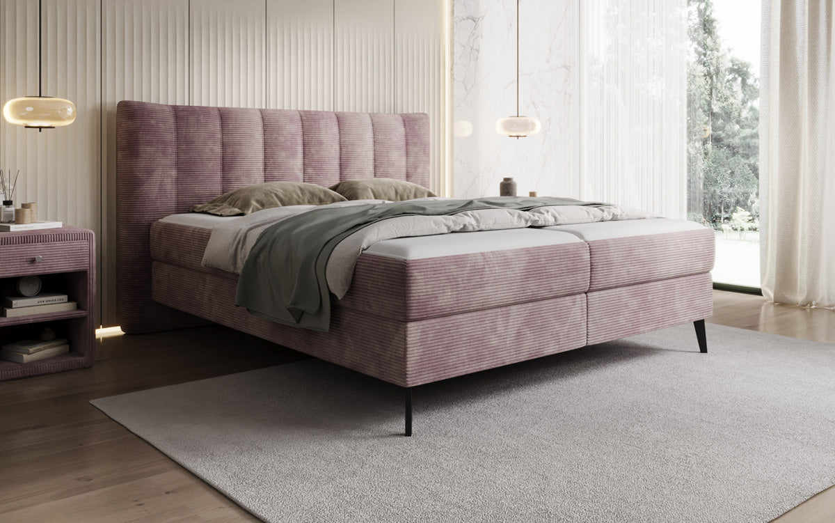 Lit boxspring Ines en Côtelé avec rangement