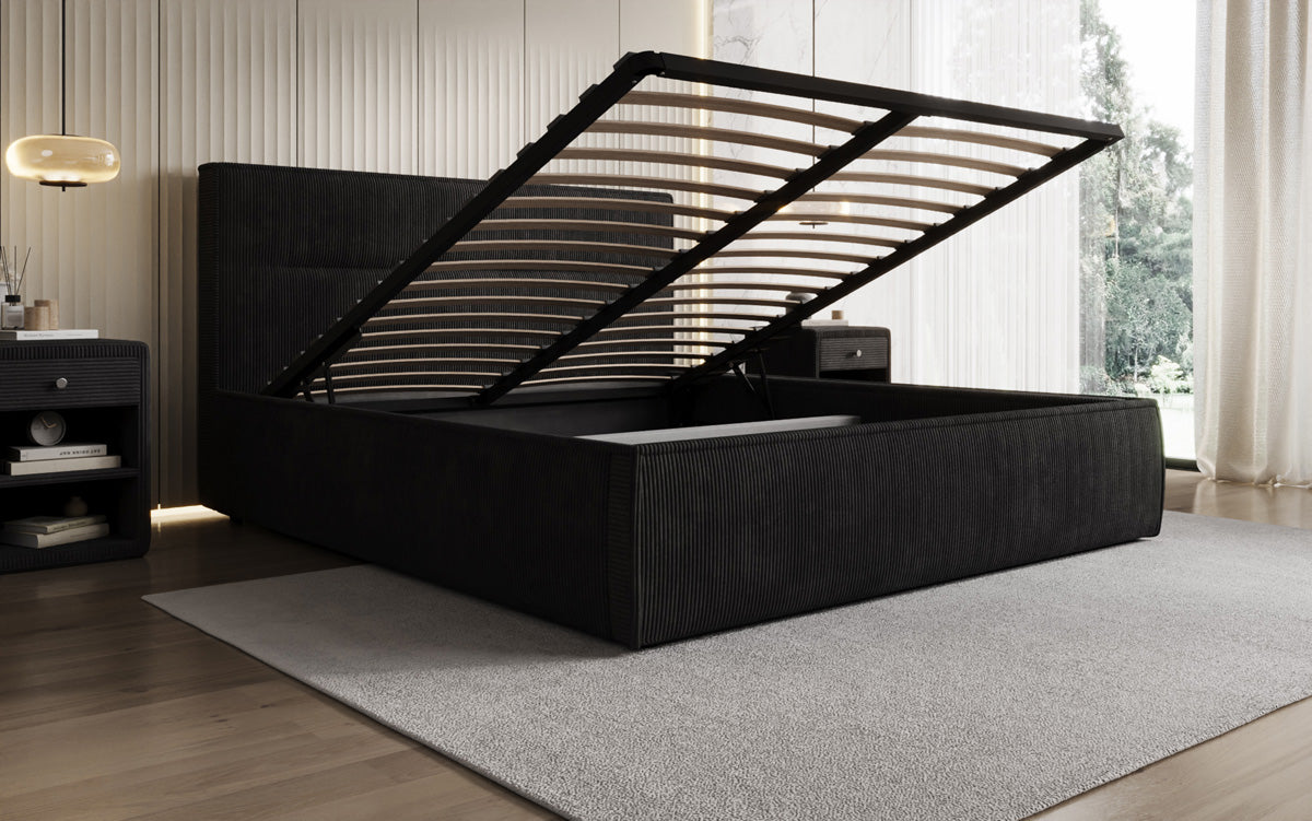 Lit rembourré design Merry en Côtelé avec espace de rangement