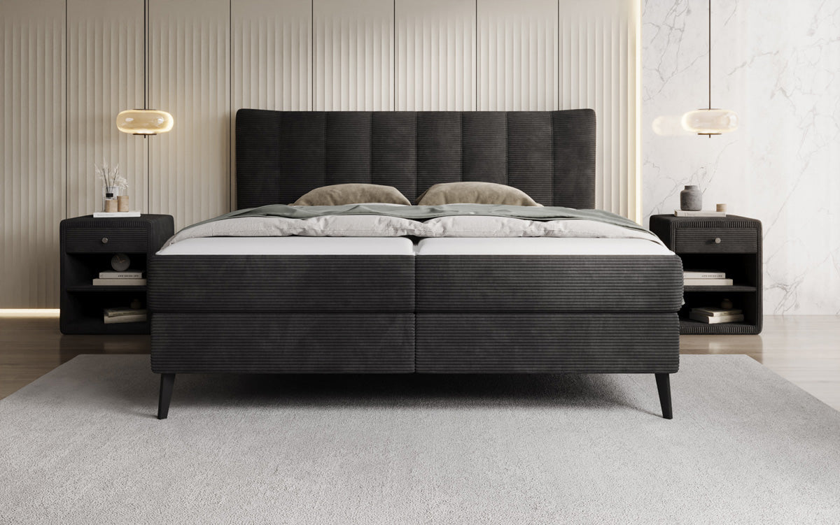 Lit boxspring Ines en Côtelé avec rangement