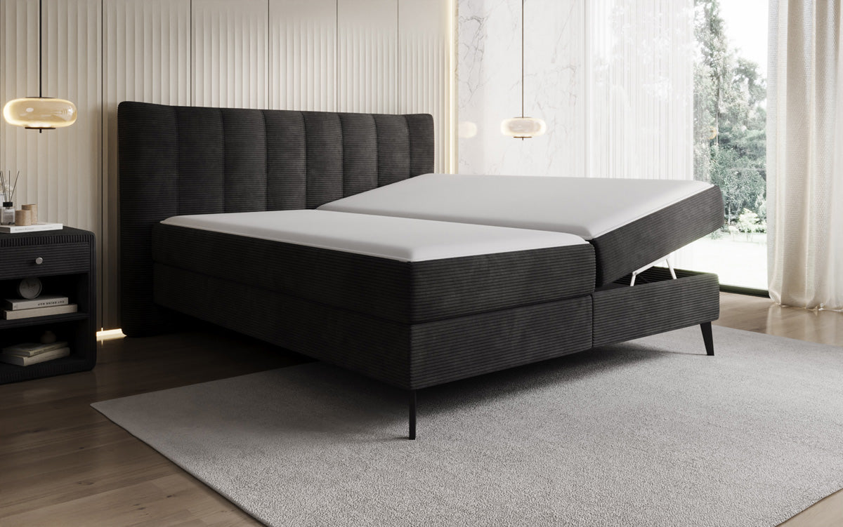 Lit boxspring Ines en Côtelé avec rangement