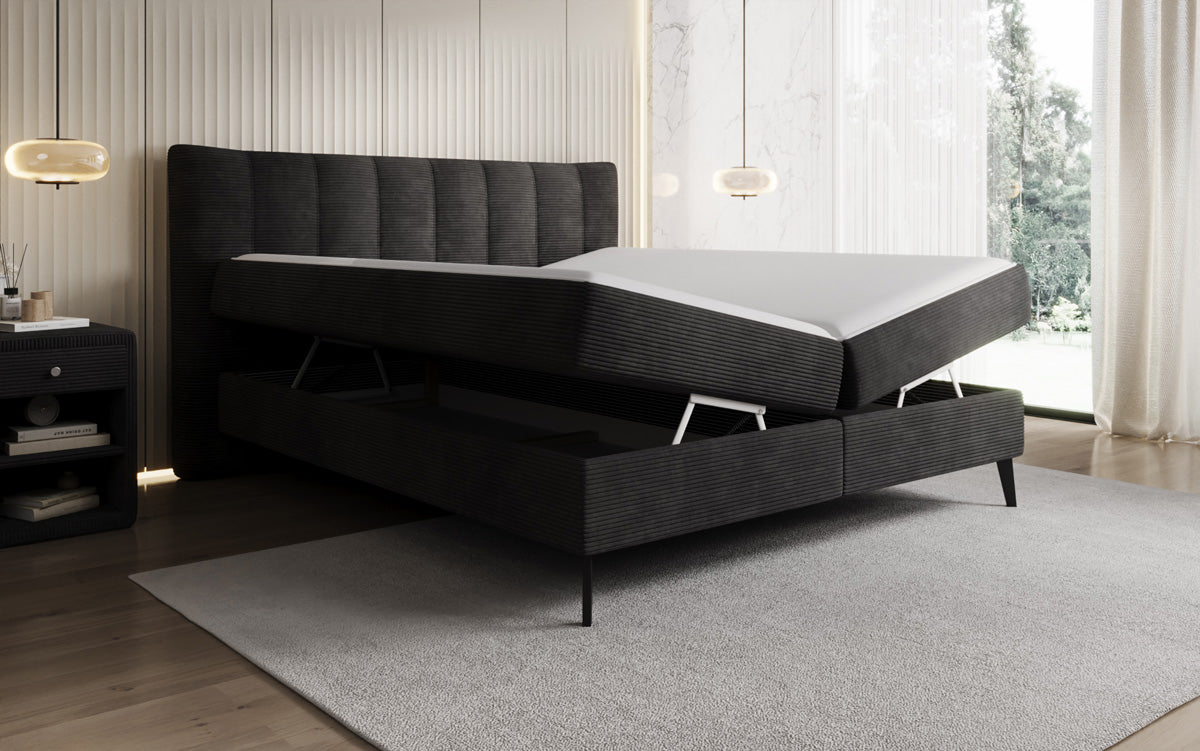Lit boxspring Ines en Côtelé avec rangement
