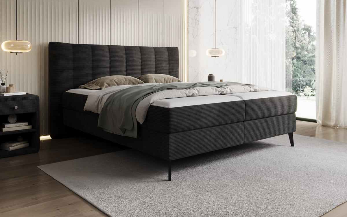 Lit boxspring Ines en Côtelé avec rangement