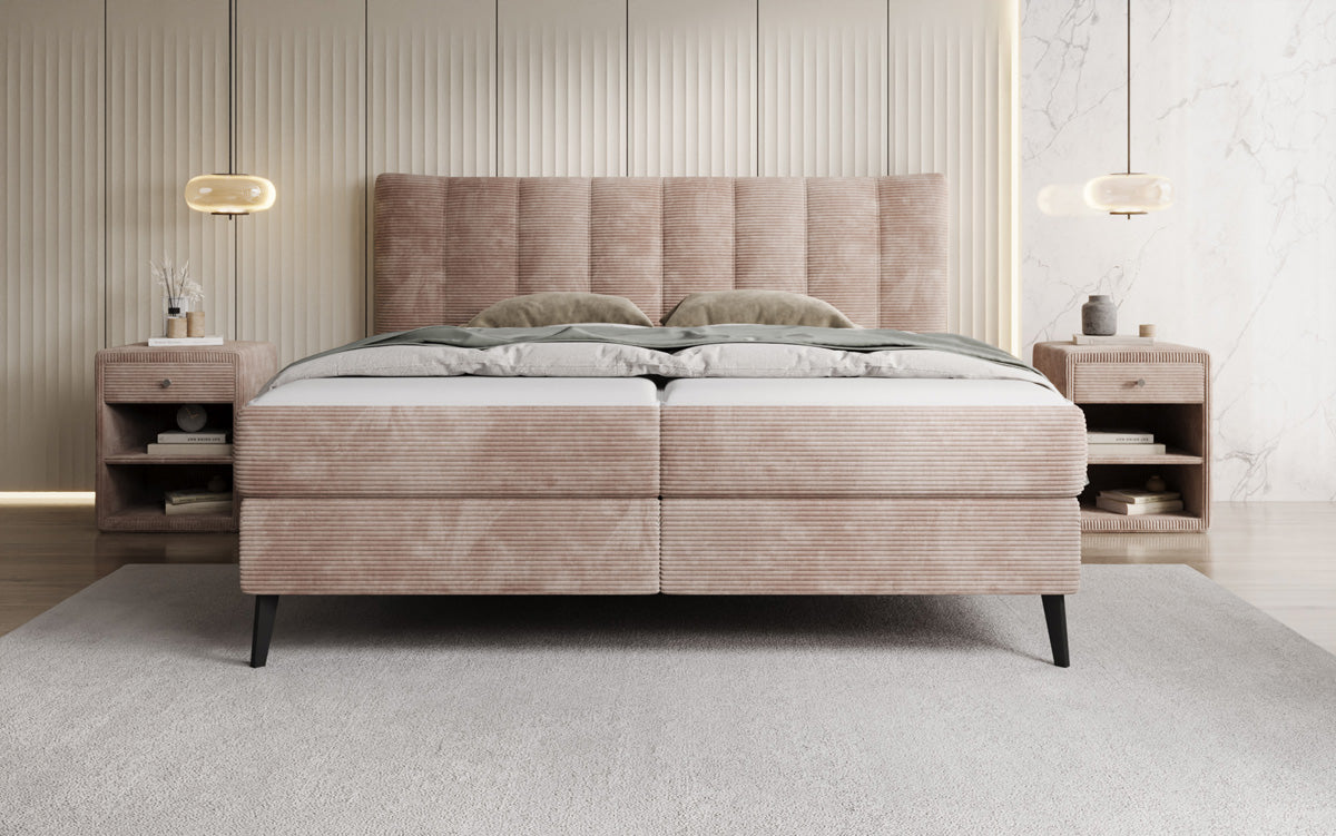 Lit boxspring Ines en Côtelé avec rangement