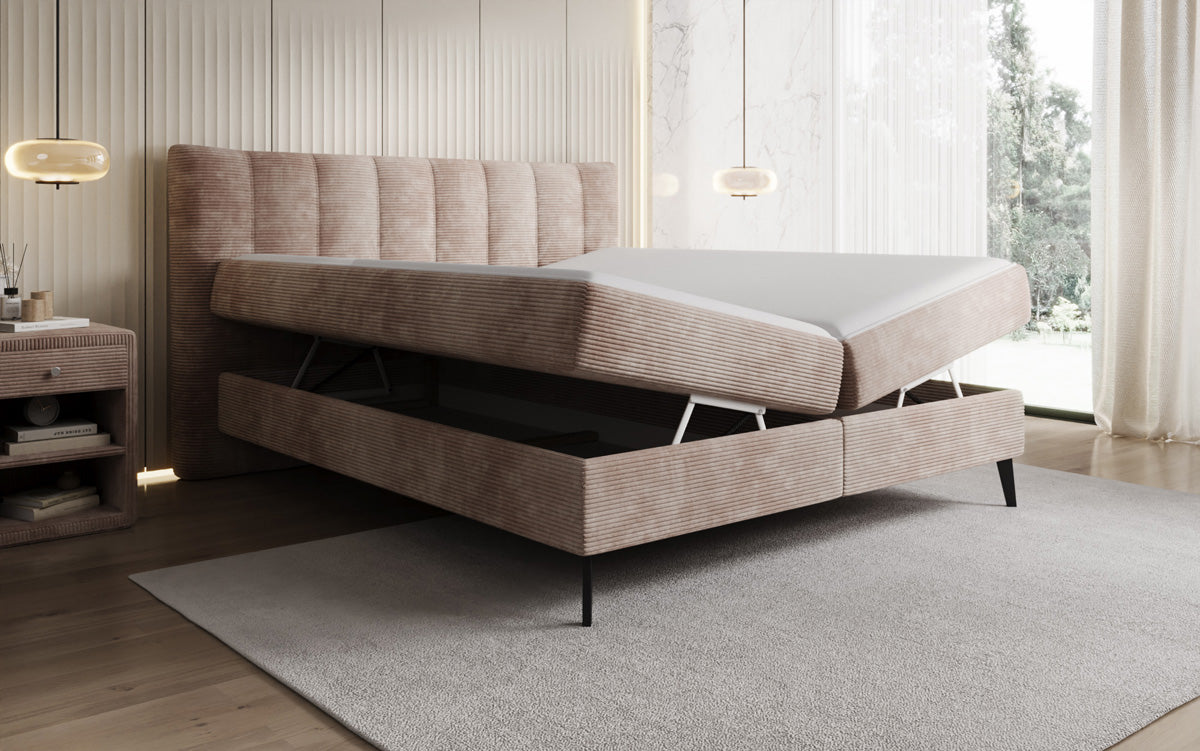 Lit boxspring Ines en Côtelé avec rangement