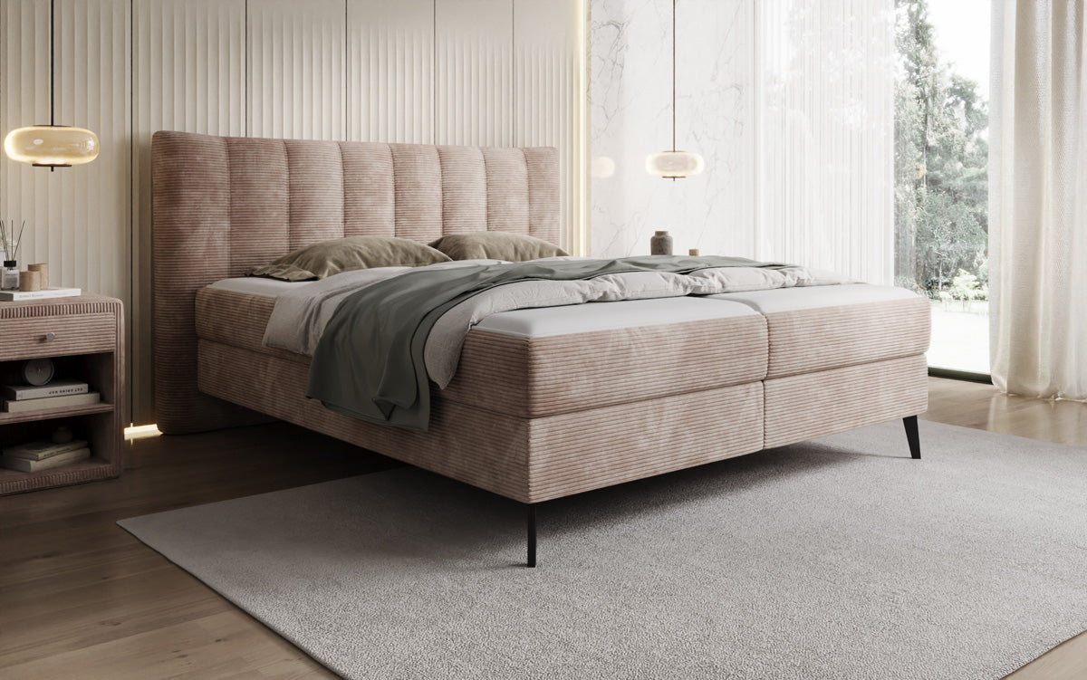 Lit boxspring Ines en Côtelé avec rangement