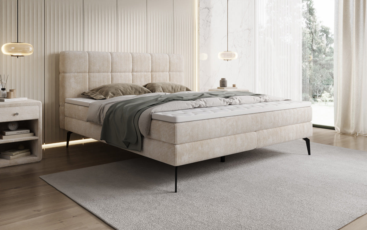 Lit boxspring Vera en Côtelé avec pieds hauts
