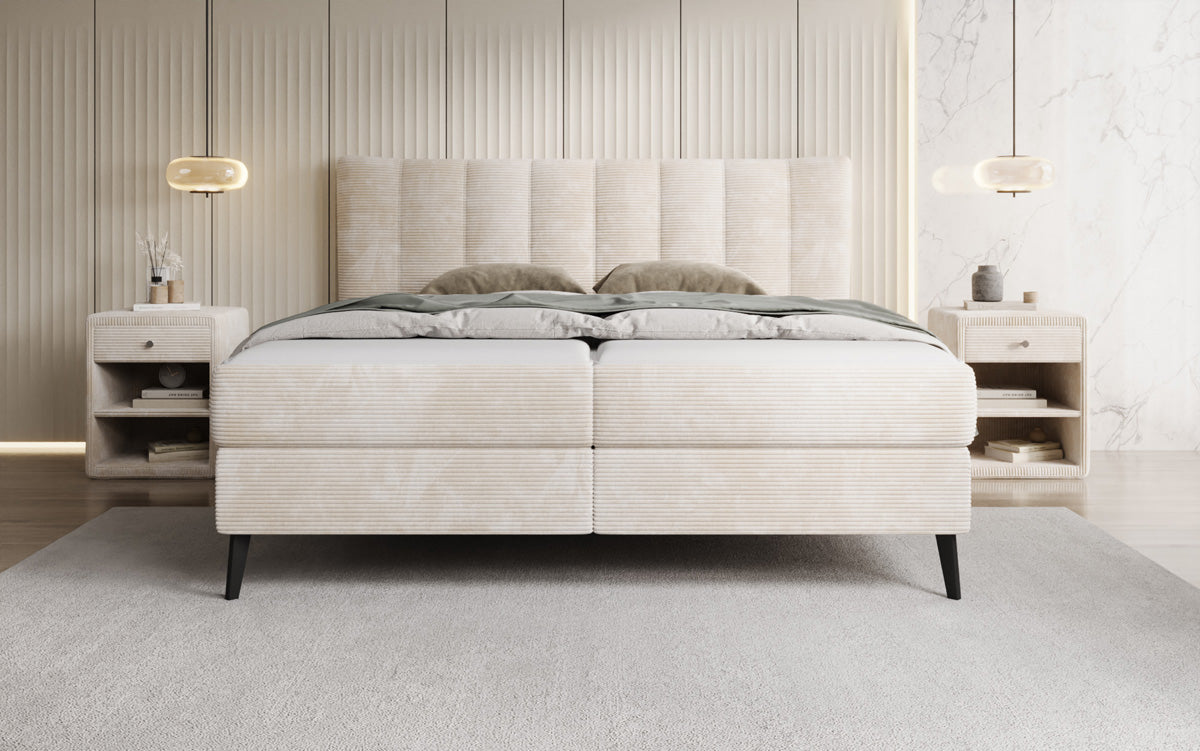Lit boxspring Ines en Côtelé avec rangement
