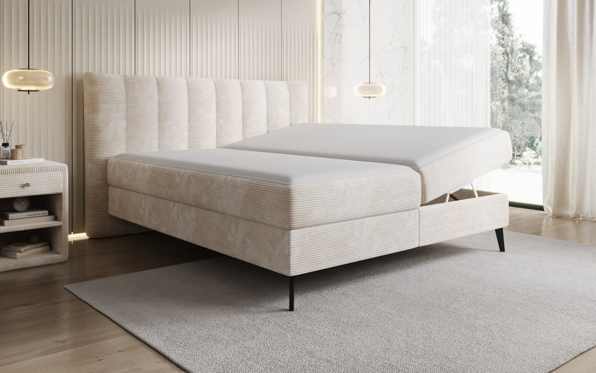 Lit boxspring Ines en Côtelé avec rangement
