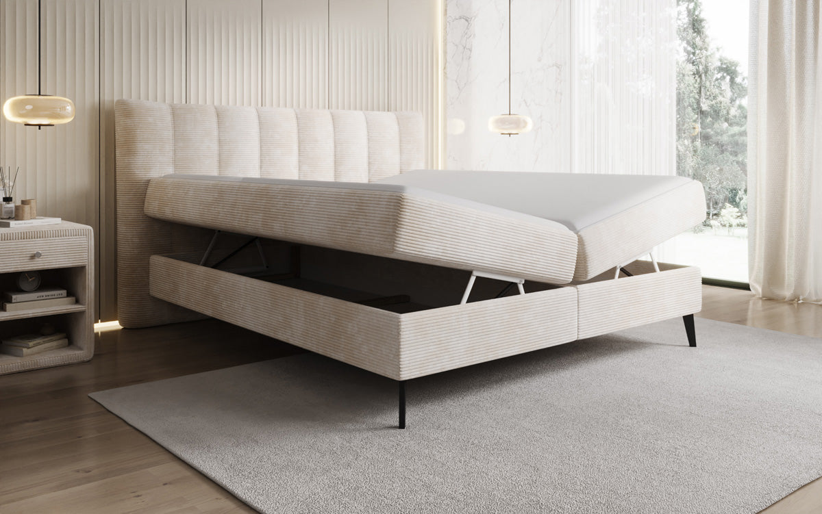 Lit boxspring Ines en Côtelé avec rangement