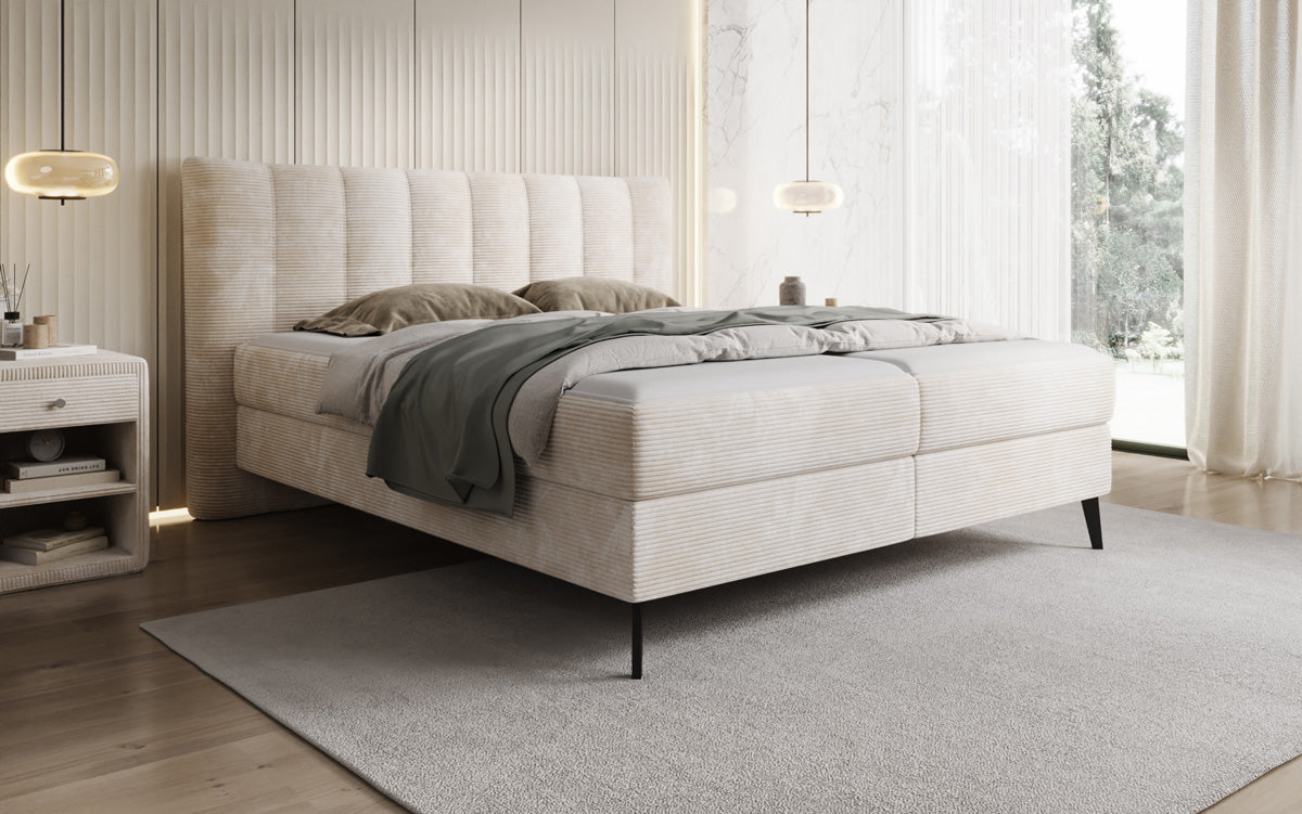 Lit boxspring Ines en Côtelé avec rangement
