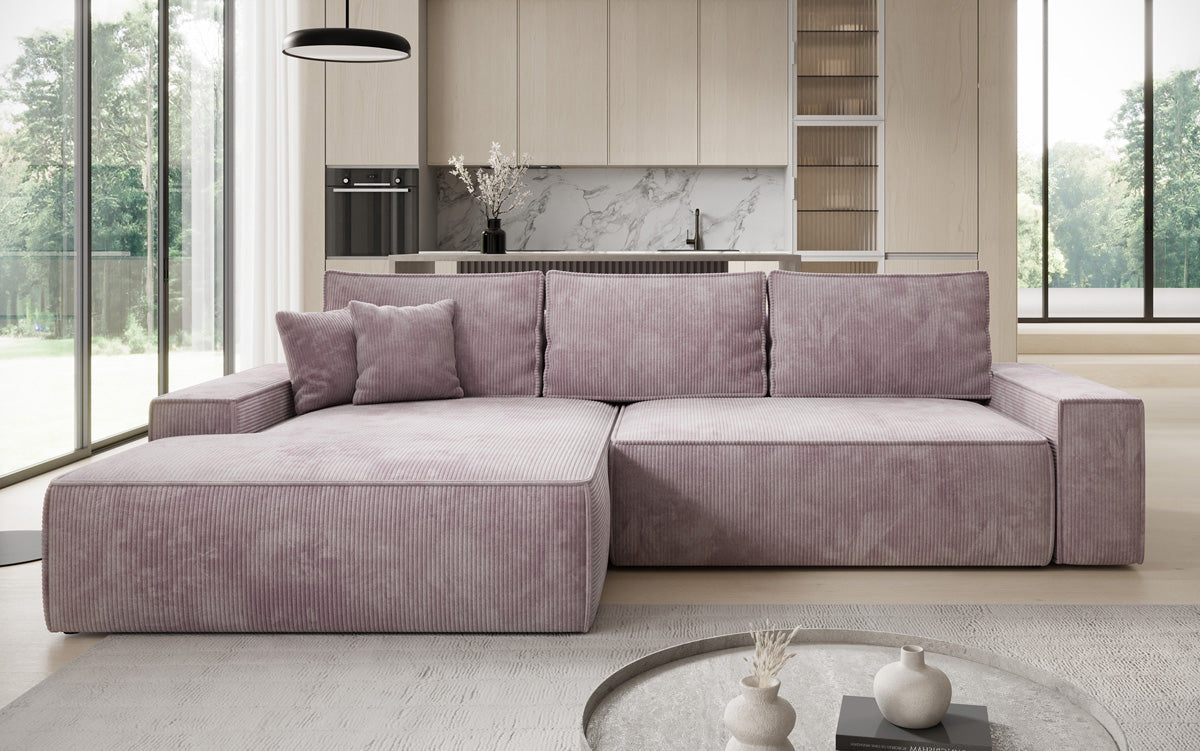 Designer Ecksofa Verona mit breiter Ottomane mit Schlaf- und Klappfunktion in Cord
