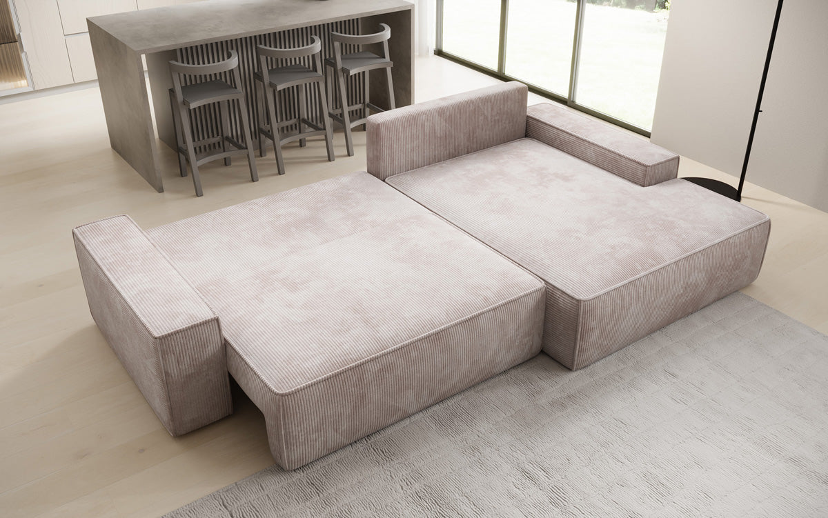 Designer Ecksofa Verona mit breiter Ottomane mit Schlaf- und Klappfunktion in Cord