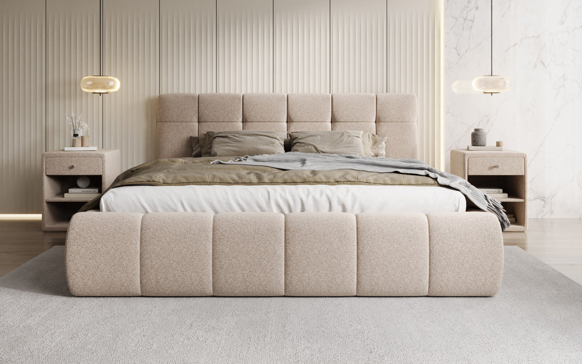 Lit rembourré design Helena en tissu texturé avec espace de rangement