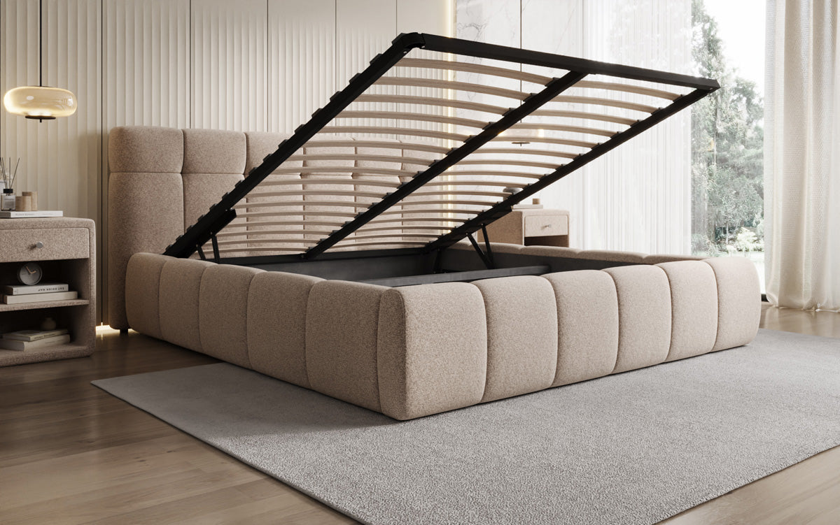 Lit rembourré design Helena en tissu texturé avec espace de rangement