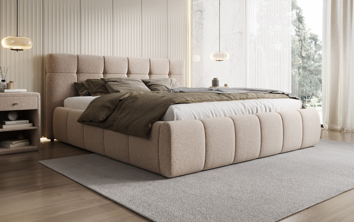 Lit rembourré design Helena en tissu texturé avec espace de rangement