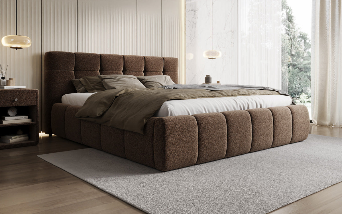 Lit rembourré design Helena en tissu texturé avec espace de rangement